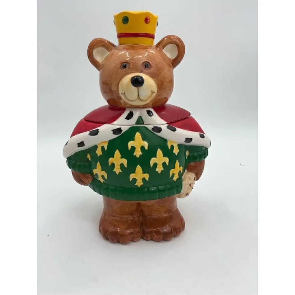 Neiman Marcus Christmas Cookie Jar Teddy Bear King Crown 1994 Hand Painted